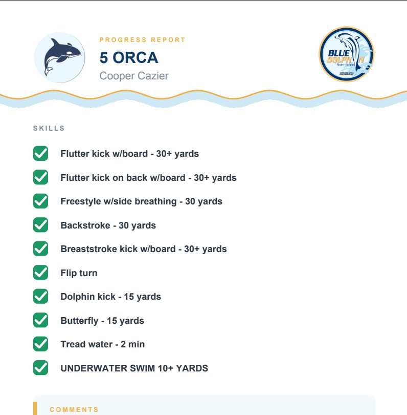 A personalized swim progress report with skills checked off